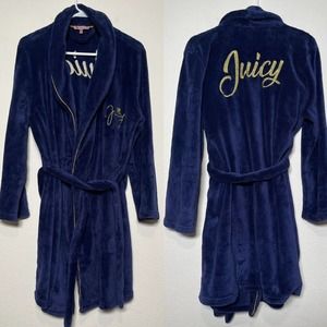 Juicy Couture Gold Trim Script Embroidered Blue Plush Robe Womens XL